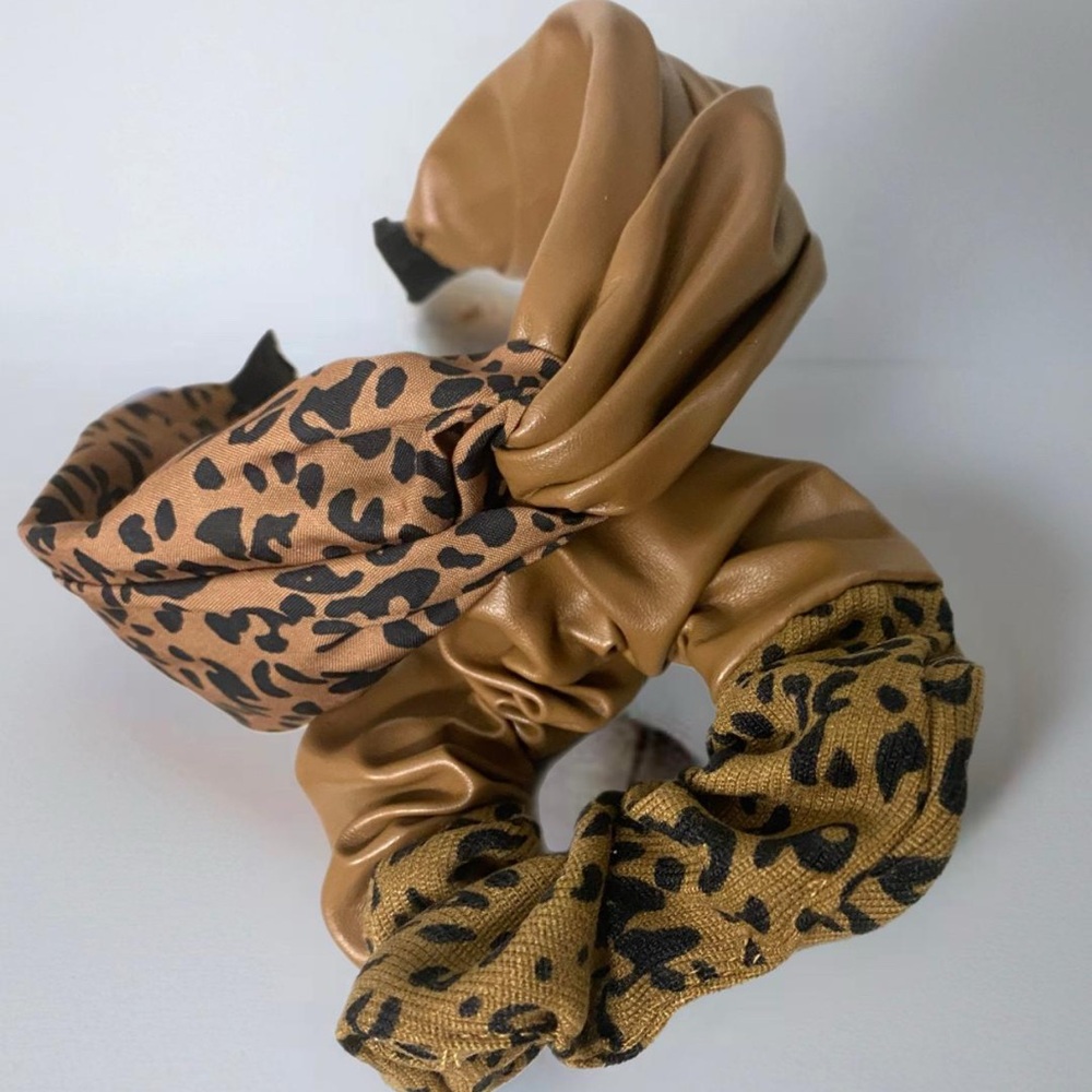 NWT Leopard Print and Faux Leather Headband & Scrunchie Set Pink Brown Black